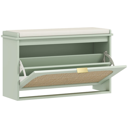 Photo of HOMCOM Boho Shoe Bench with Padded Seat and Flip-Drawer - Light Green in Green colour on a white background
