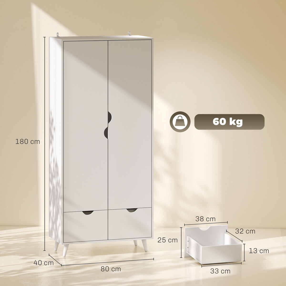 HOMCOM Elegant Home Storage Organisation Furniture, 2-Door Clothes Wardrobe with 2 Drawers, Wood Feet, White