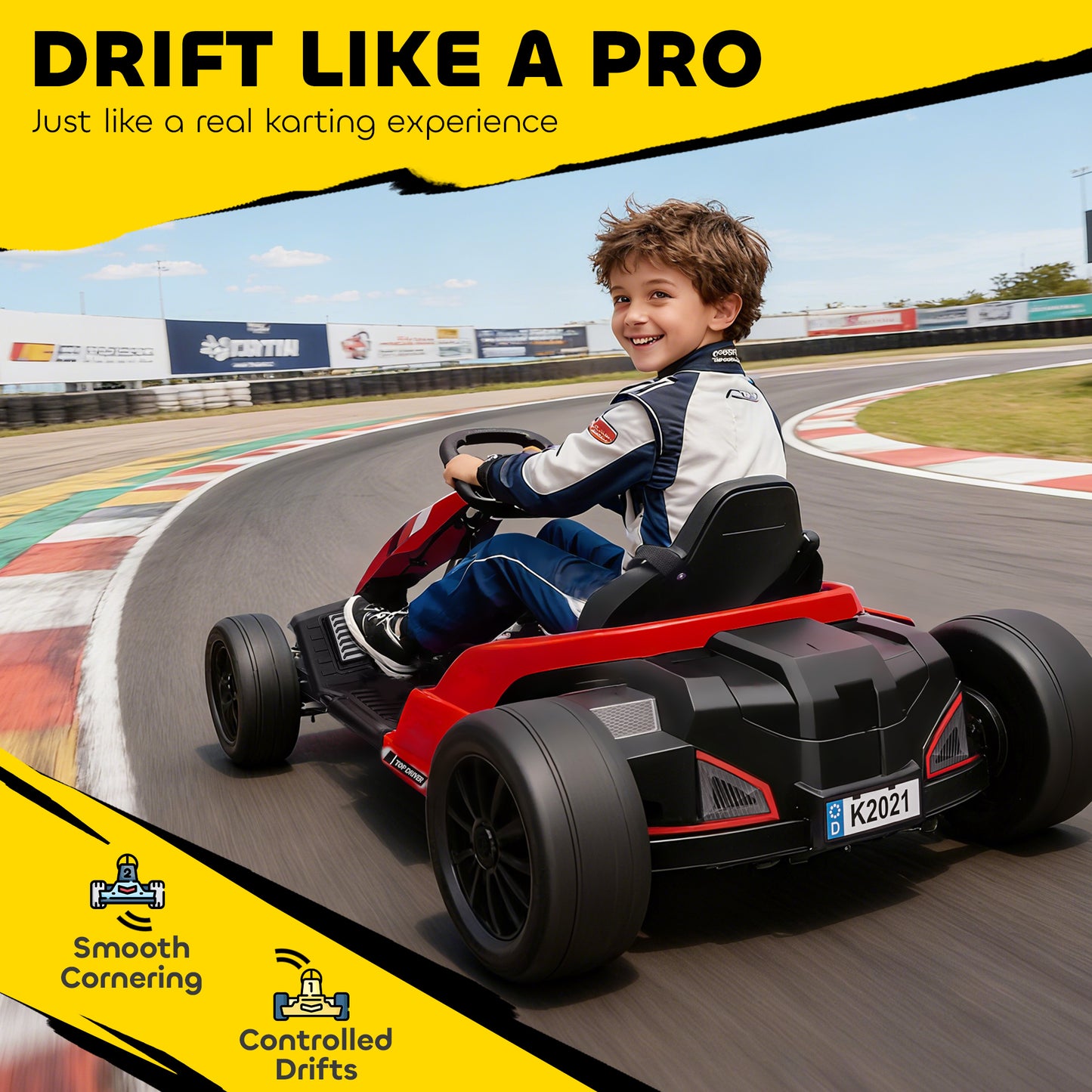 AIYAPLAY 24V Electric Go Kart, Drift Kart with Adjustable Seat, Slow Start, 5-Point Harness, Music, for 6-12 Years, Red