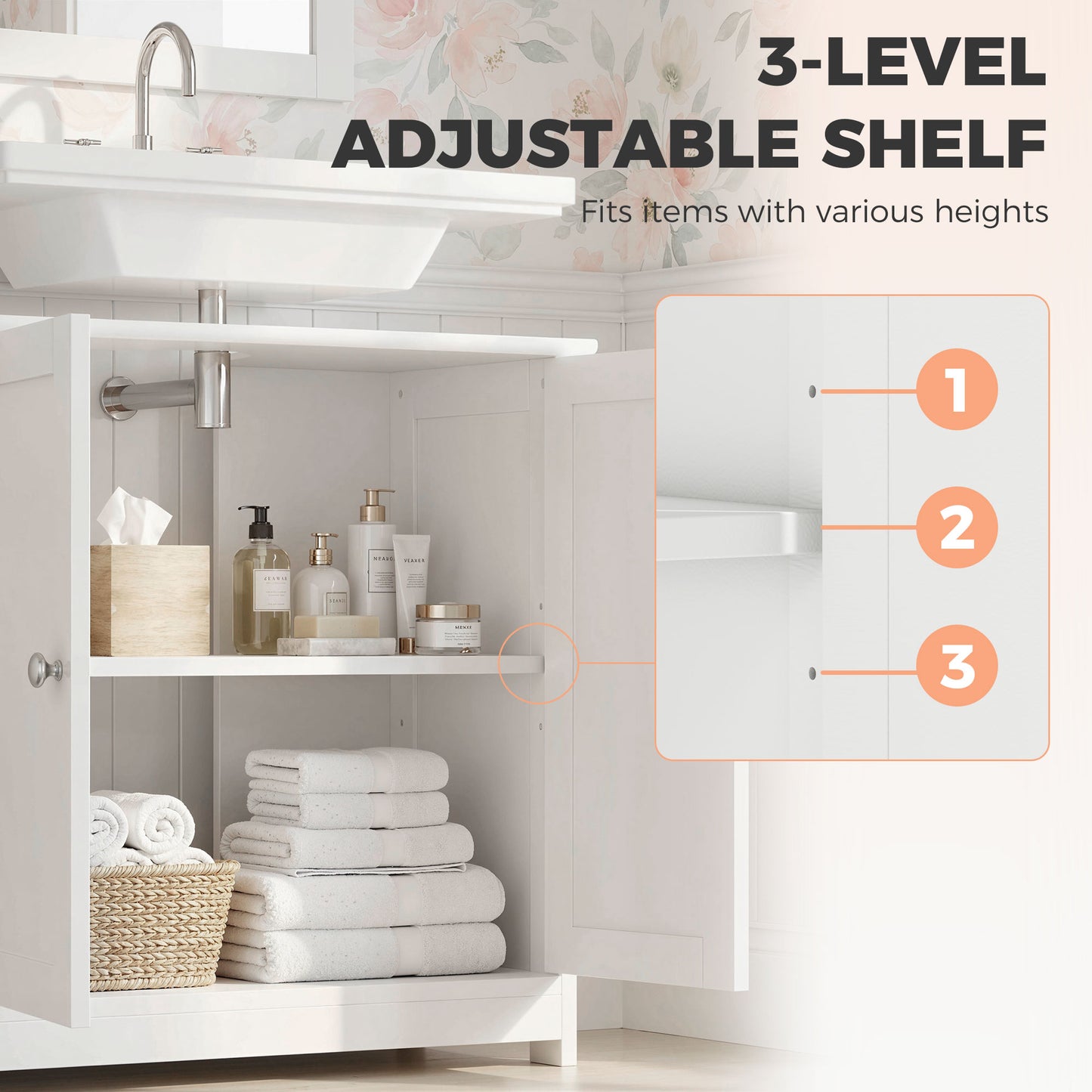 kleankin Under Sink Bathroom Cabinet, Freestanding Under Sink Cabinet with 2 Doors and Adjustable Shelf for Basin without or with Pedestal, White