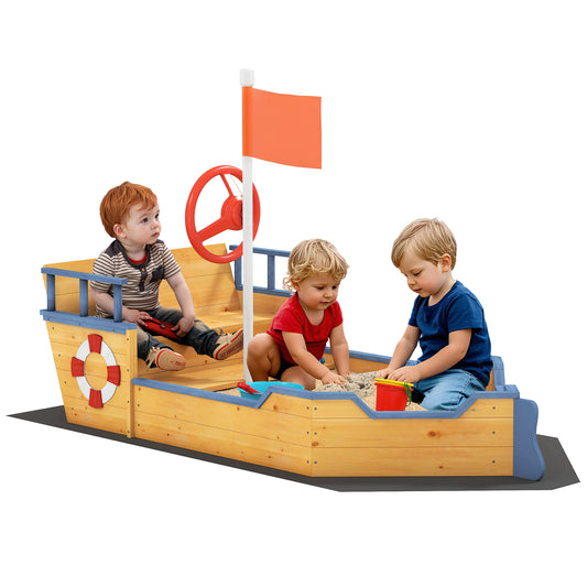 Natural wood pirate ship sandbox with blue trim, flag and bench