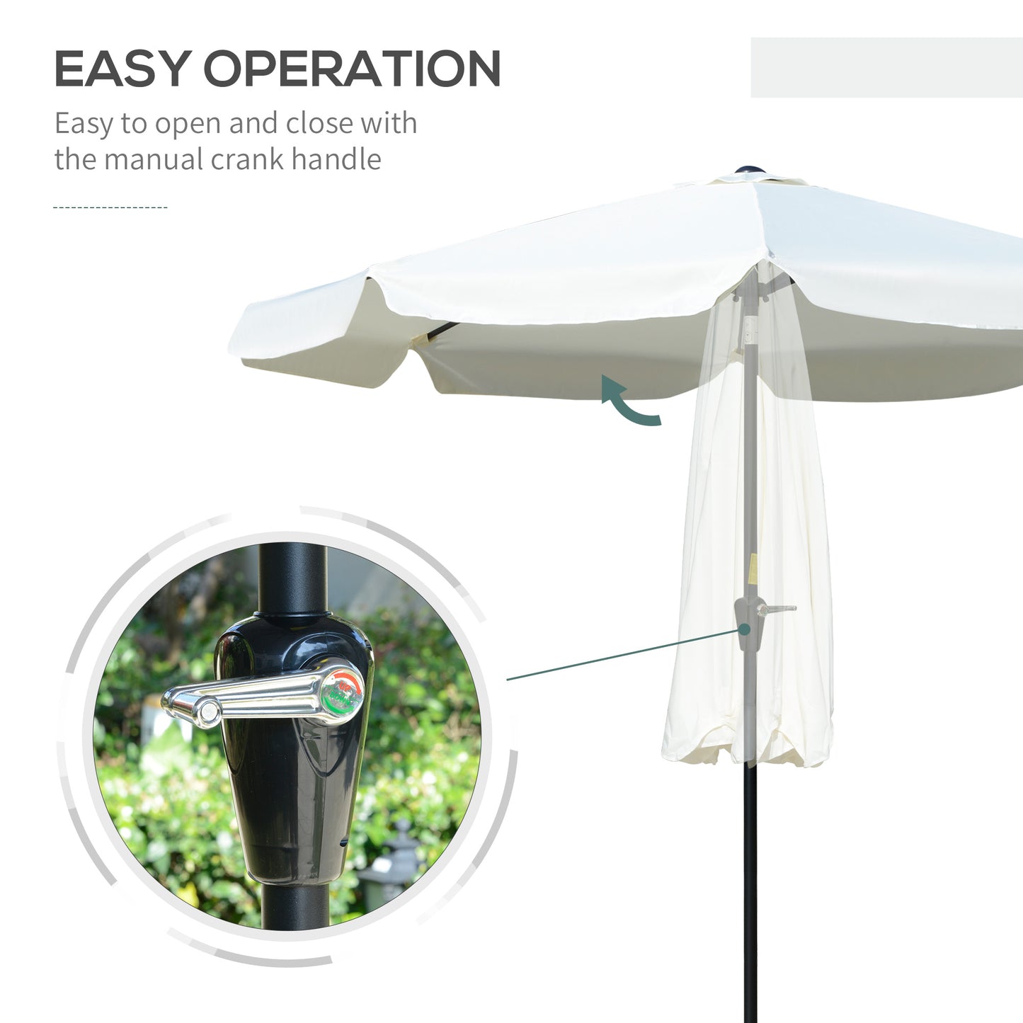 Outsunny 2.7m Patio Parasol Garden Umbrellas with Aluminium Pole, UPF 50+ Outdoor Sun Shade Table Umbrella with Tilt, Crank, 8 Ribs, Ruffles, White