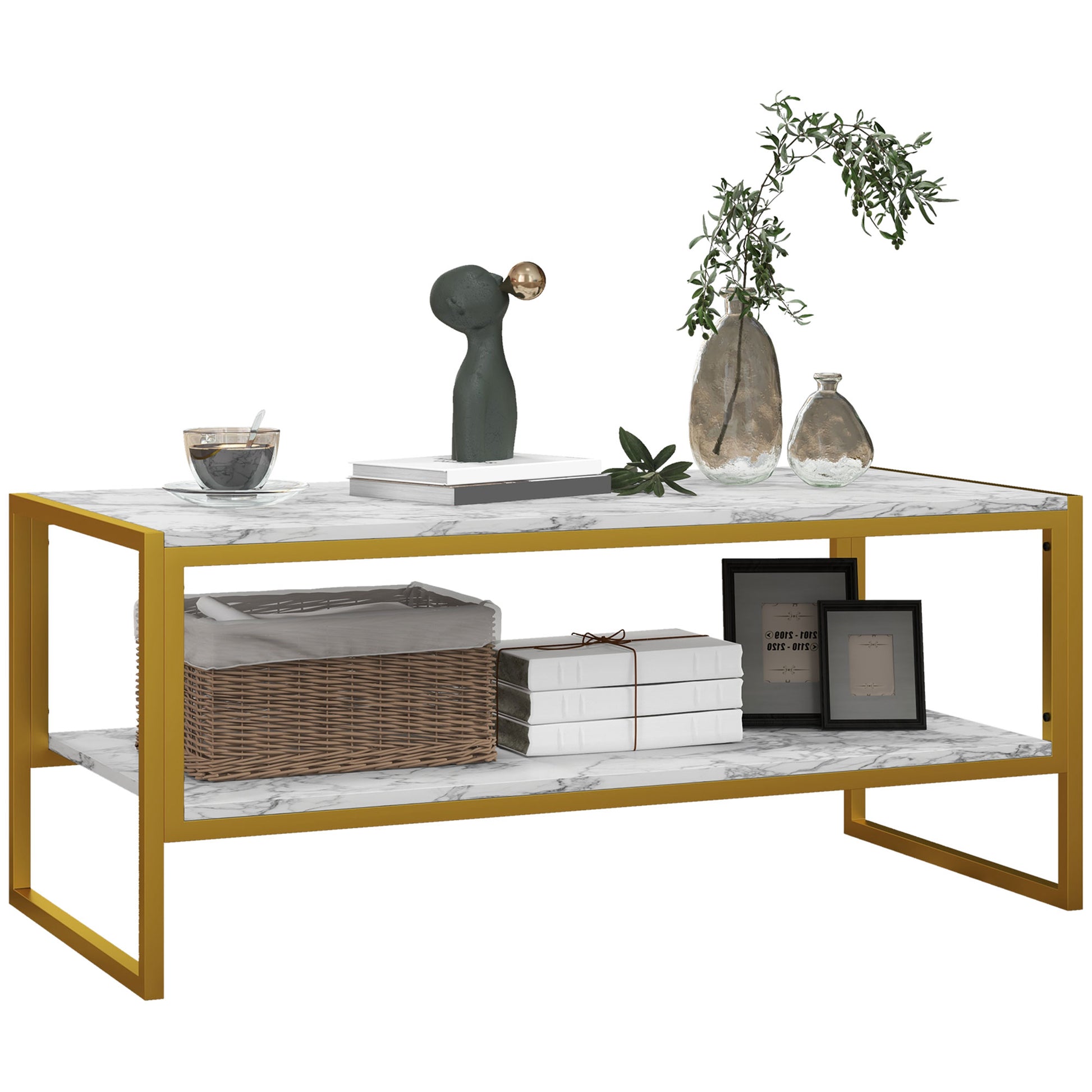 Photo of HOMCOM Coffee Table, Two-Tier Faux Marble Effect Centre Table with Metal Frame and Storage Shelf for Living Room, 106 x 50 x 45cm, White in White colour on a white background