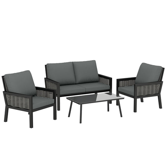 Photo of Outsunny 4 Seater Rattan Garden Furniture Set with 2 Armchairs, Loveseat, Coffee Table, Garden Sofa Set with Cushions, Dark Grey in Grey colour on a white background