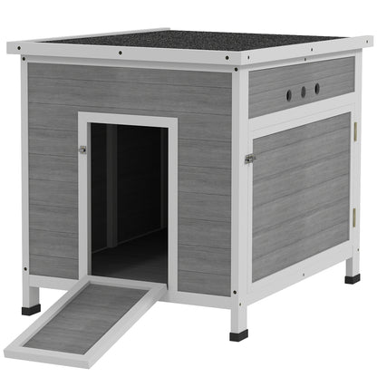 PawHut light grey wooden duck house with ramp, double doors, asphalt roof and ventilation holes