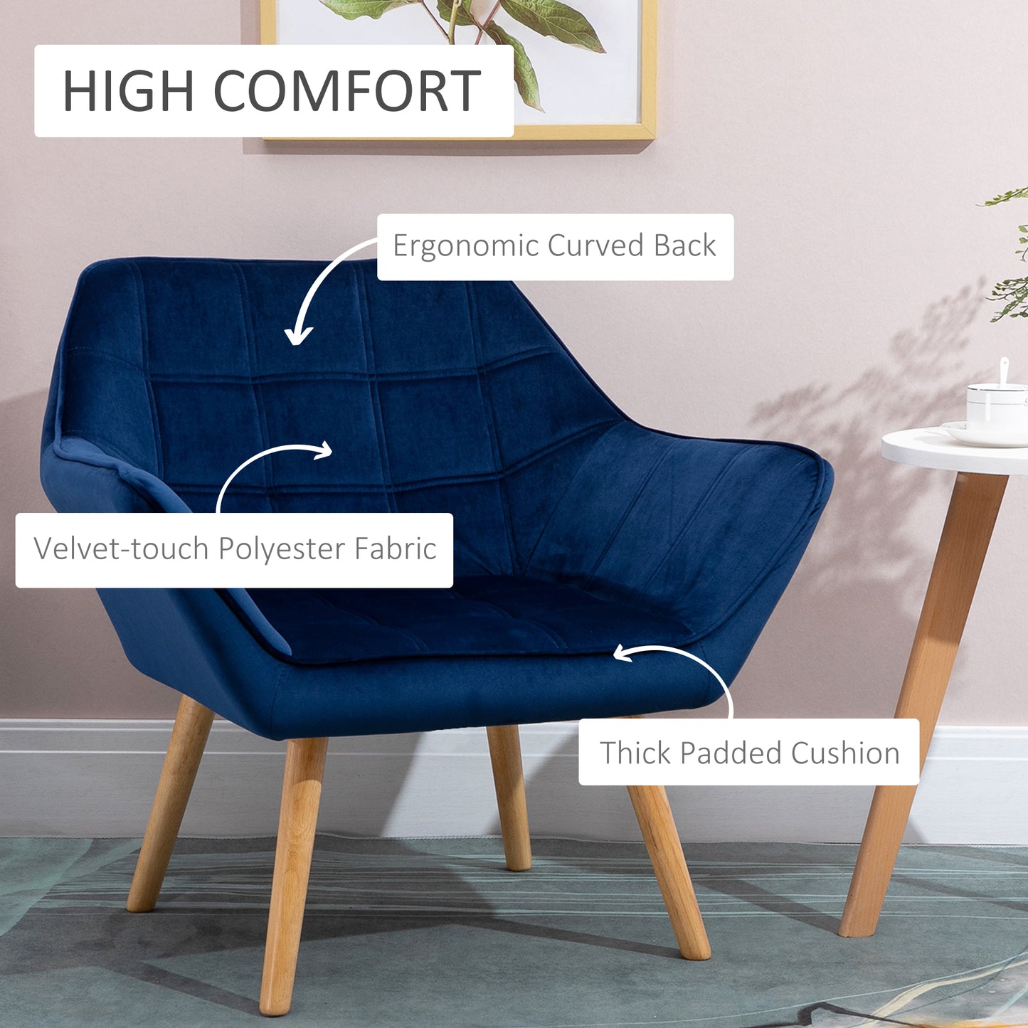 HOMCOM Accent Chair, Velvet Upholstered Vanity Tub Chair with Flared Armrests, Slanted Back, Solid Wood Legs, Comfy Padding Armchair, Home Bedroom Furniture Seating, Set of 2, Blue