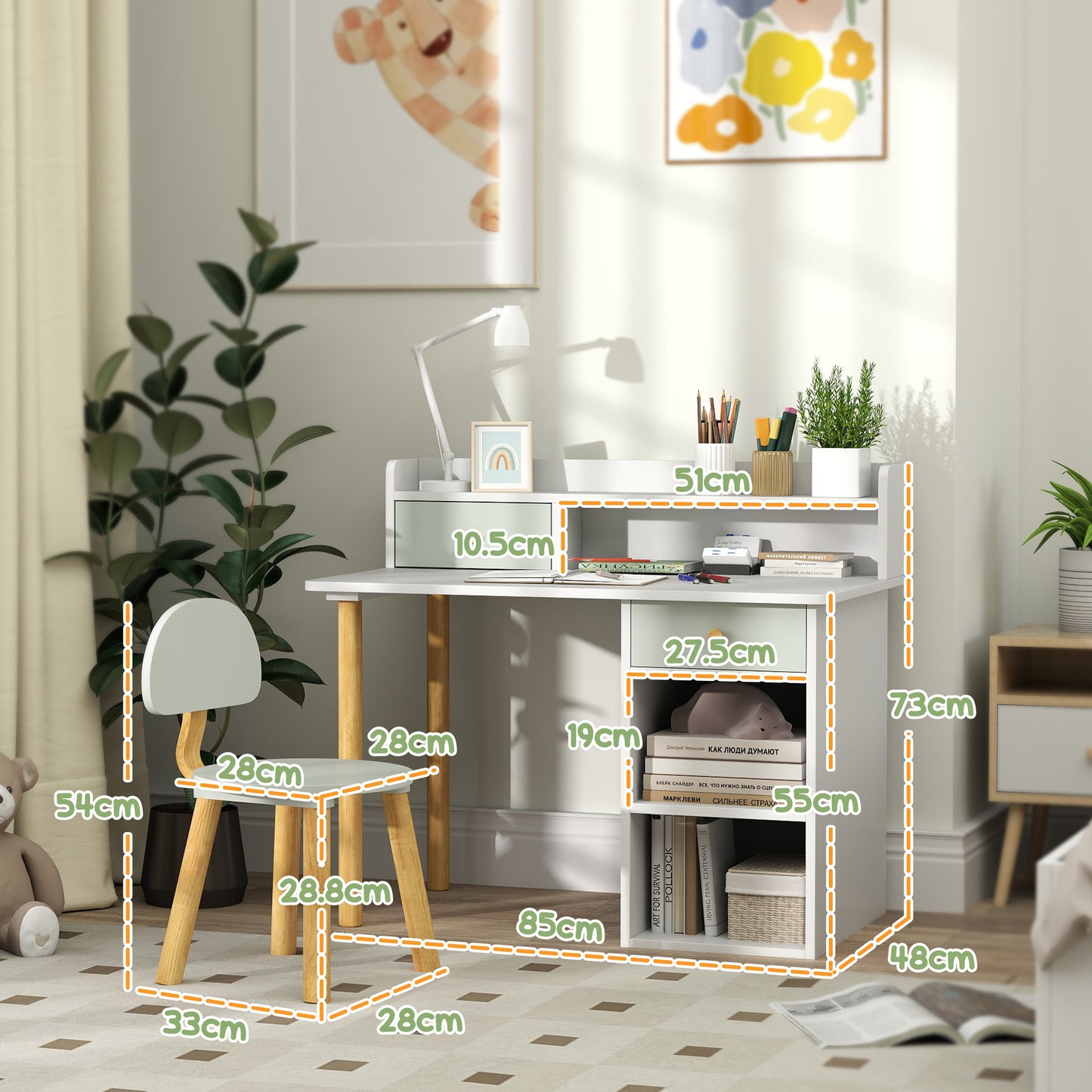 AIYAPLAY Two-Piece Children Study Table with Hutch, Kids Desk and Chair Set with Storage, Drawer, Shelves, Green