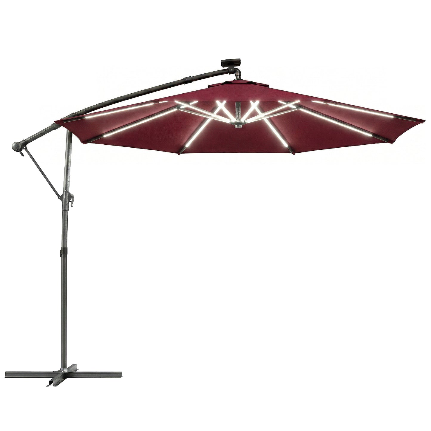 Photo of Outsunny 3 m Garden Cantilever Parasol with LED Solar Light, Round Overhanging Umbrella with 360° Rotation, Cover, Wine Red in Red colour on a white background