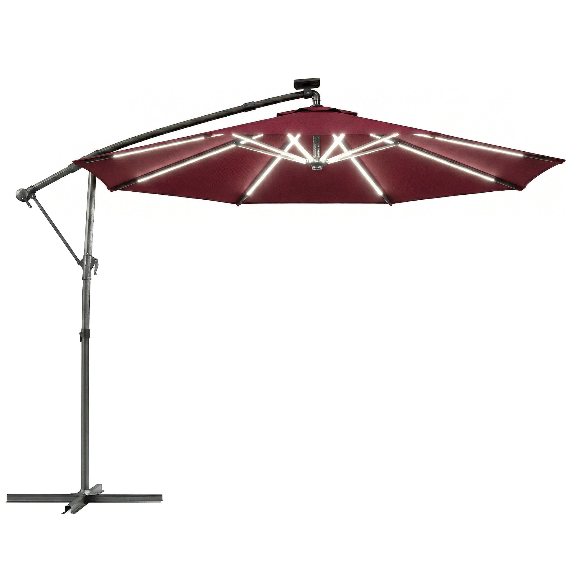 Photo of Outsunny 3 m Garden Cantilever Parasol with LED Solar Light, Round Overhanging Umbrella with 360° Rotation, Cover, Wine Red in Red colour on a white background