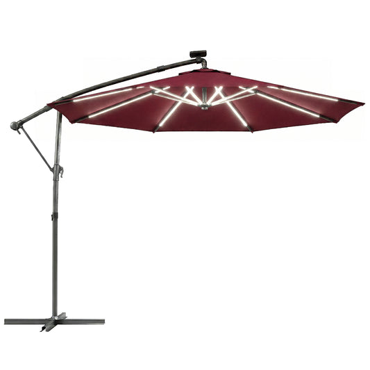 Photo of Outsunny 3 m Garden Cantilever Parasol with LED Solar Light, Round Overhanging Umbrella with 360° Rotation, Cover, Wine Red in Red colour on a white background