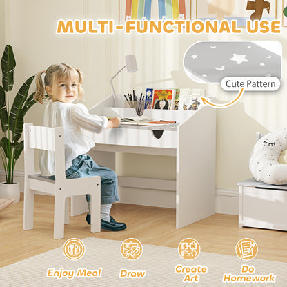 AIYAPLAY children's desk and chair set shown in use, with patterned desktop