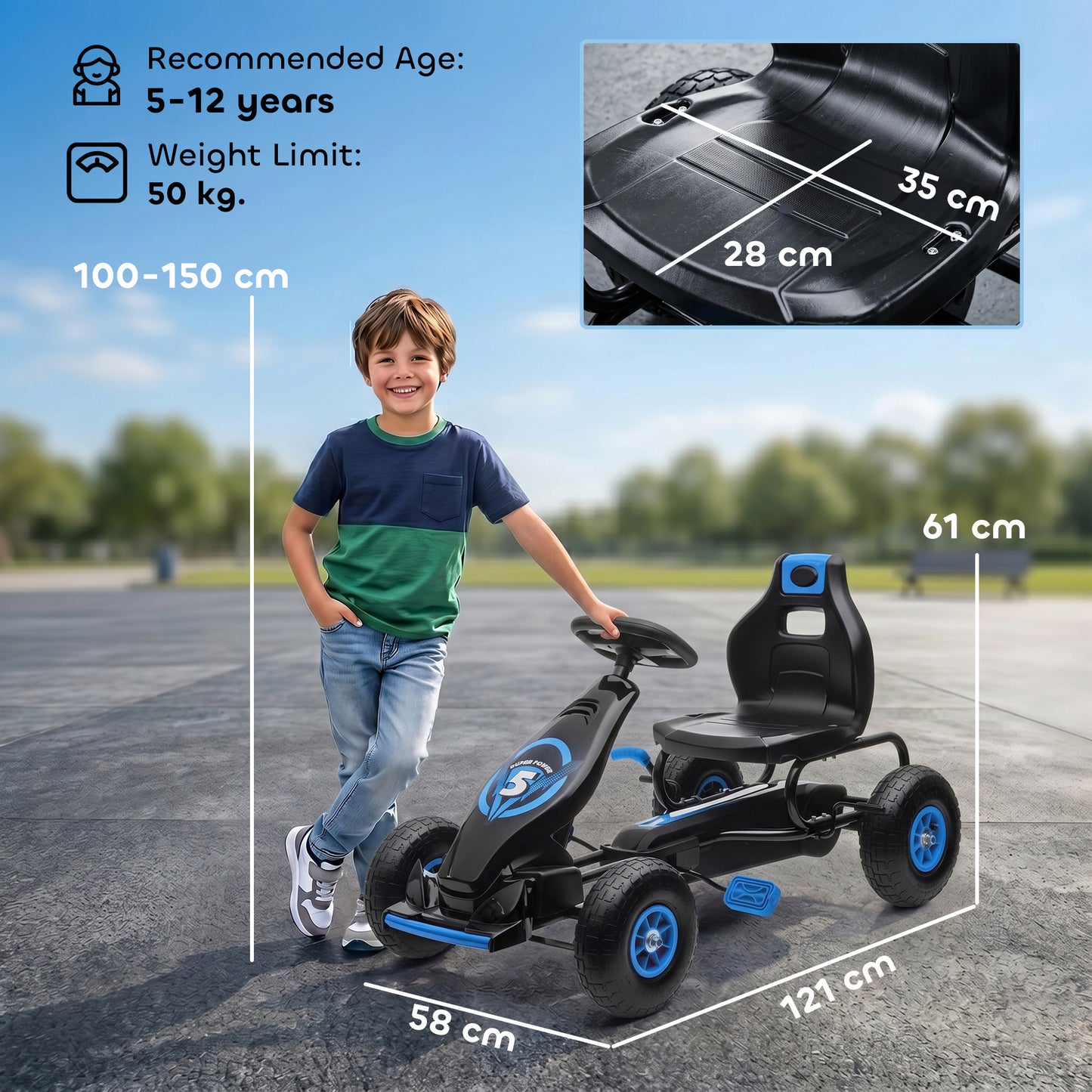 HOMCOM Kids Pedal Go Kart, with Adjustable Seat, Inflatable Tyres - Blue