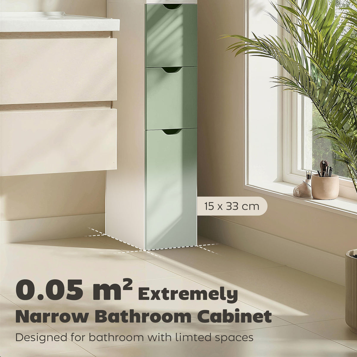 HOMCOM Slim Bathroom Storage Cabinet, Tall Bathroom Floor Cabinet with 2-Tier Shelf and 2 Drawers, White and Light Green