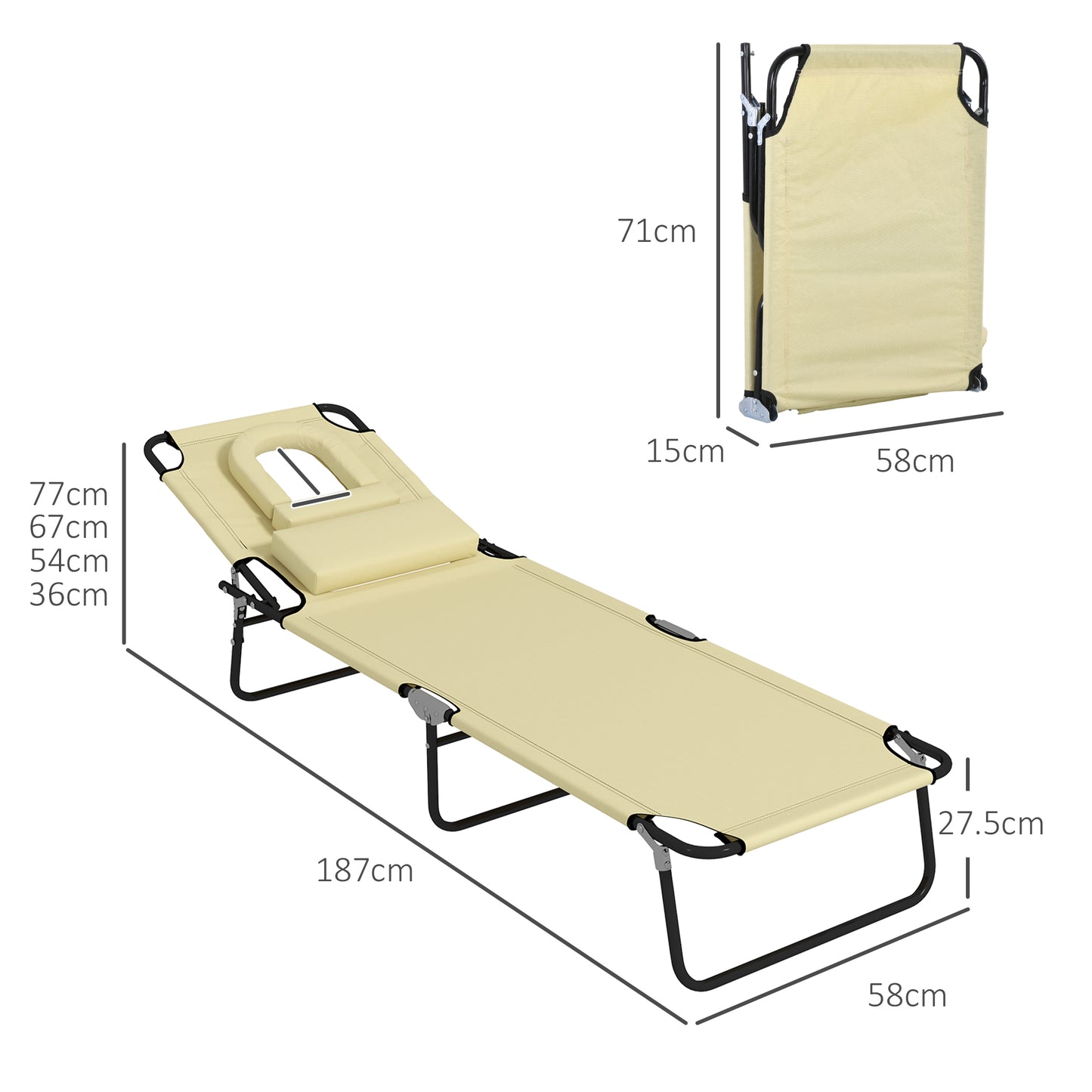 Outsunny Folding Sun Loungers Set of 2 with Face Hole, 4-Position Adjustable Backrest Garden Recliner Chairs Sunbeds, Outdoor Lounge Chairs with 600 D Oxford Cloth Seat, Pillow for Beach, Beige