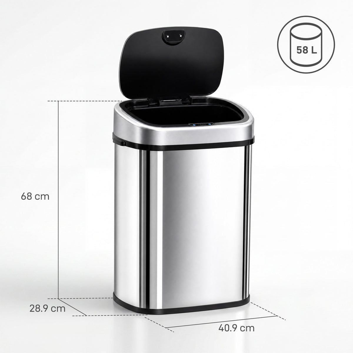 58L stainless steel bin with open lid and dimensions of 68 × 40.9 × 28.9 cm