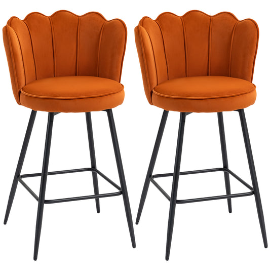 Photo of HOMCOM Set of Two Velvet-Feel Lotus Bar Stools - Orange in Orange colour on a white background