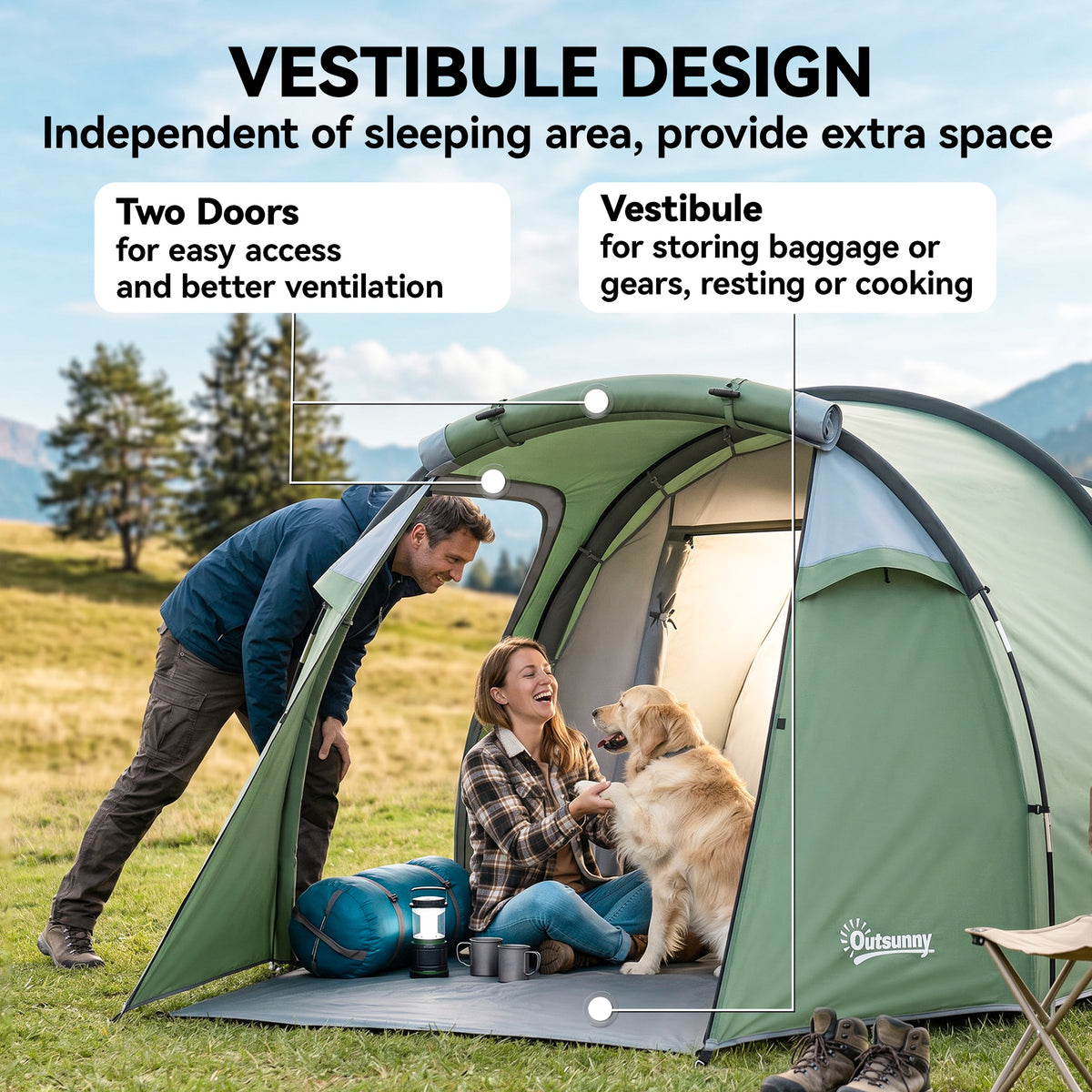 Outsunny 2 Man Tunnel Tent with Sewn-in Groundsheet, Air Vents, Rainfly, 2000mm Large Camping Tent with Bedroom, Porch, Living Area for Camping, Hiking, 426L x 206W x 154H cm, Dark Green