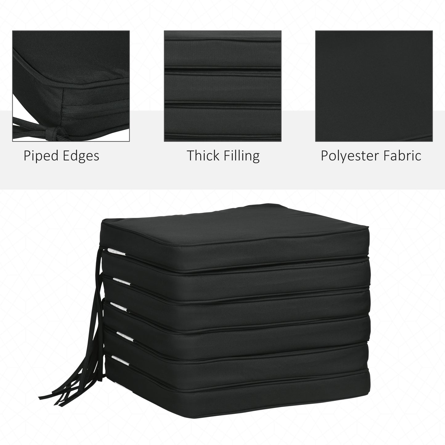 Outsunny Set of 6 Chair Cushion Seat Pads Dining Chair w/ Straps Indoor Outdoor Removable Tie On Garden Patio, Black