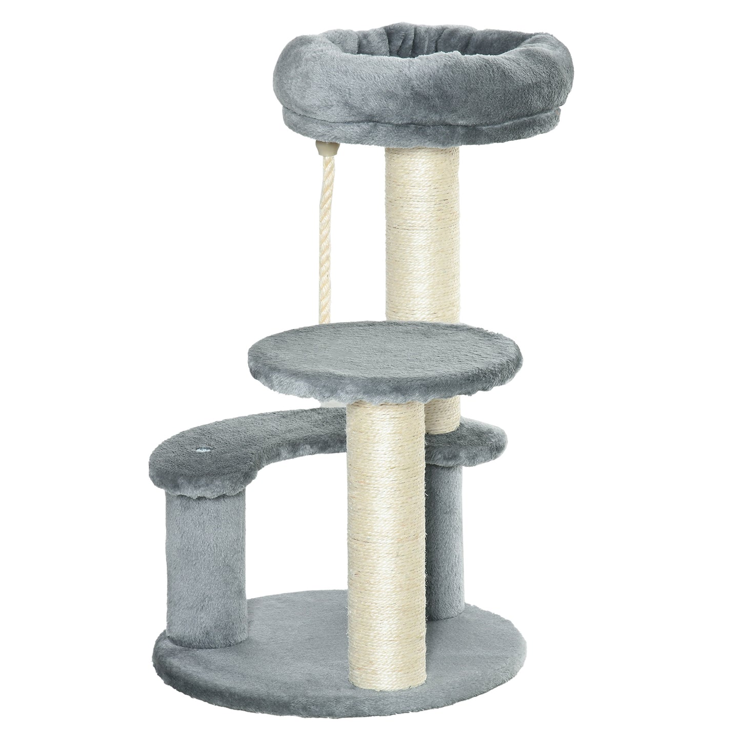 Photo of PawHut 65cm Cat Tree, Cat Tower for Kittens, Small Cat Condo with Sisal Scratching Posts, Hanging Rope, Perches - Grey in Grey colour on a white background