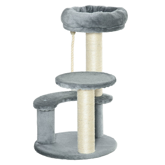 Photo of PawHut 65cm Cat Tree, Cat Tower for Kittens, Small Cat Condo with Sisal Scratching Posts, Hanging Rope, Perches - Grey in Grey colour on a white background
