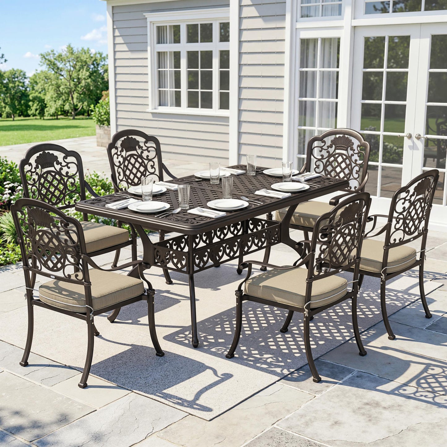 Outsunny Garden Dining Set for 6, Cast Aluminium Outdoor Table and Chairs Set with Cushions, Parasol Hole for Patio, Bronze Tone
