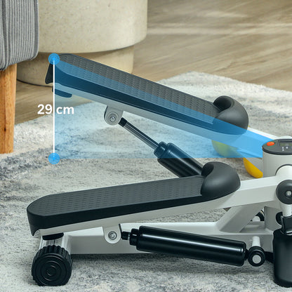 Mini stepper with raised pedal showing its 29 cm travel range