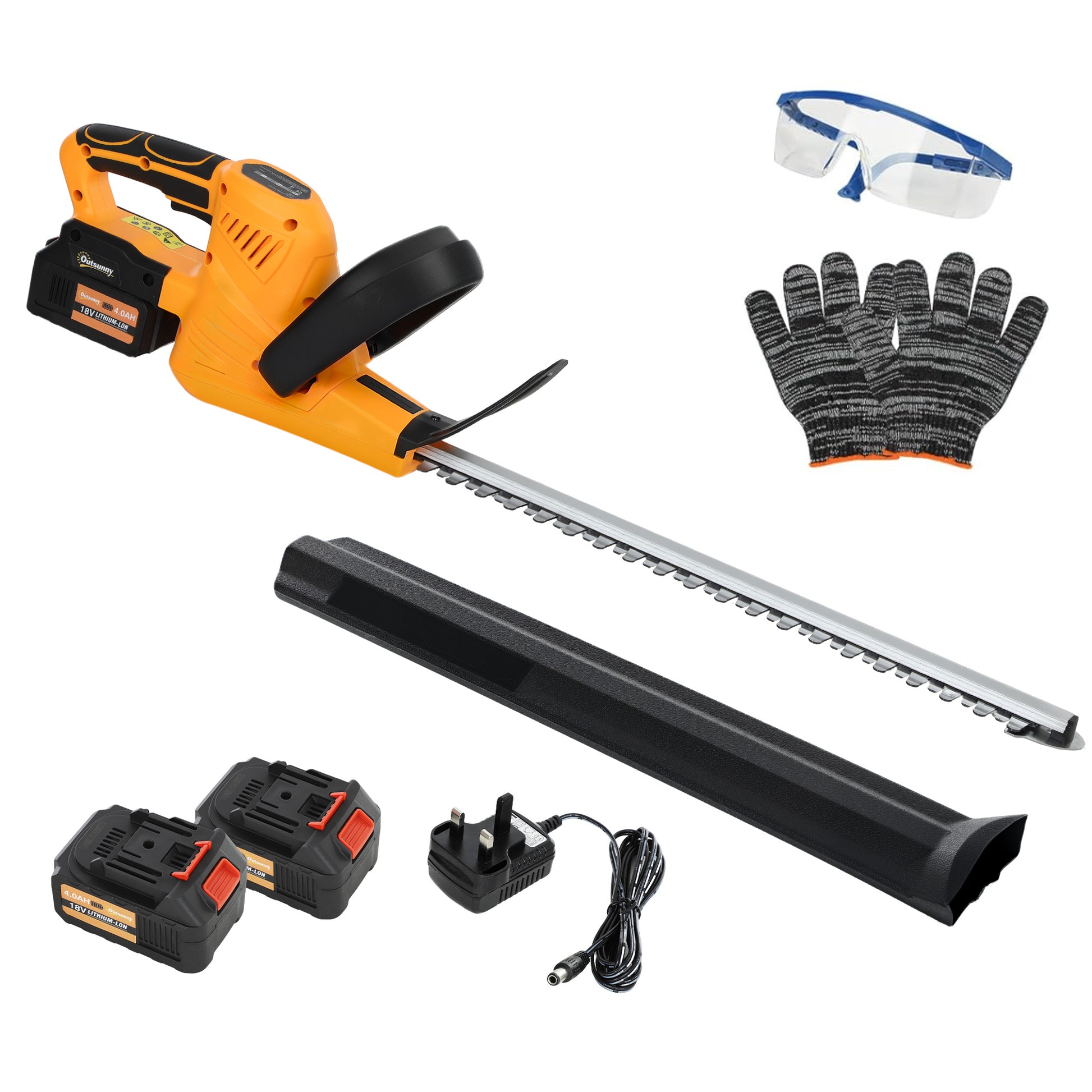 Photo of Outsunny 20" Cordless Hedge Trimmer, 18V Electric Hedge Cutter with 51cm Dual Action Blade, 2 x 4000mAh Batteries and Brushless Motor for Garden Branches, Shrubs, Twigs, Orange in Orange colour on a white background