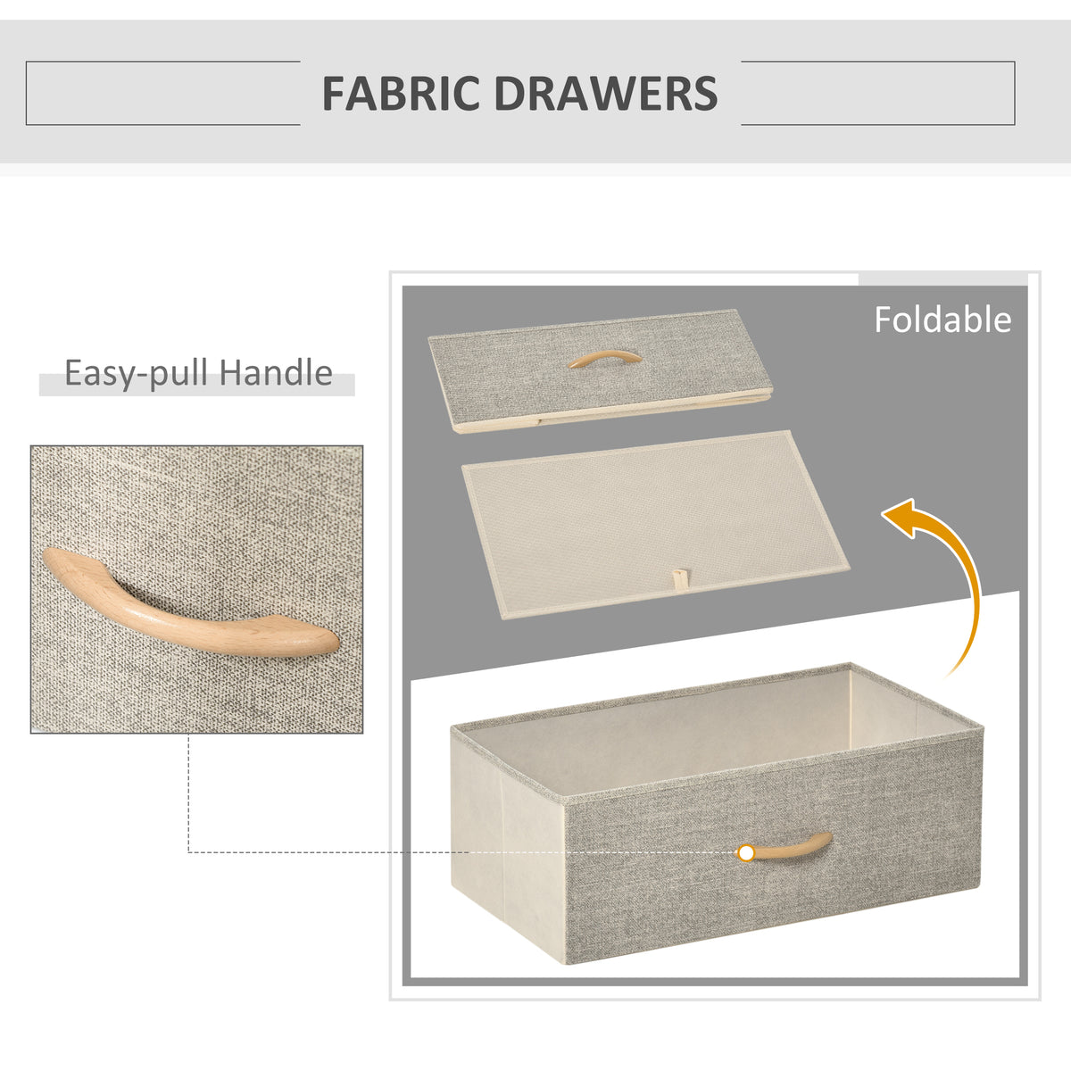Foldable fabric storage drawer with curved pull handle