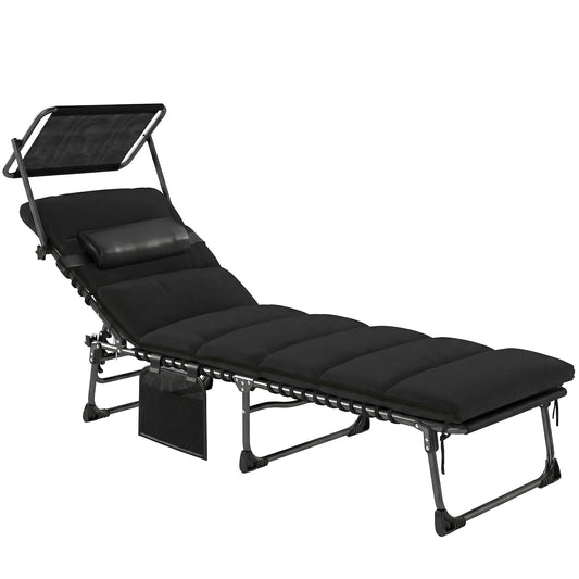 Photo of Outsunny Folding Sun Lounger with Canopy, Reclining Sunbed with Cushion, Side Pocket, Carrying Handle, Black in Black colour on a white background