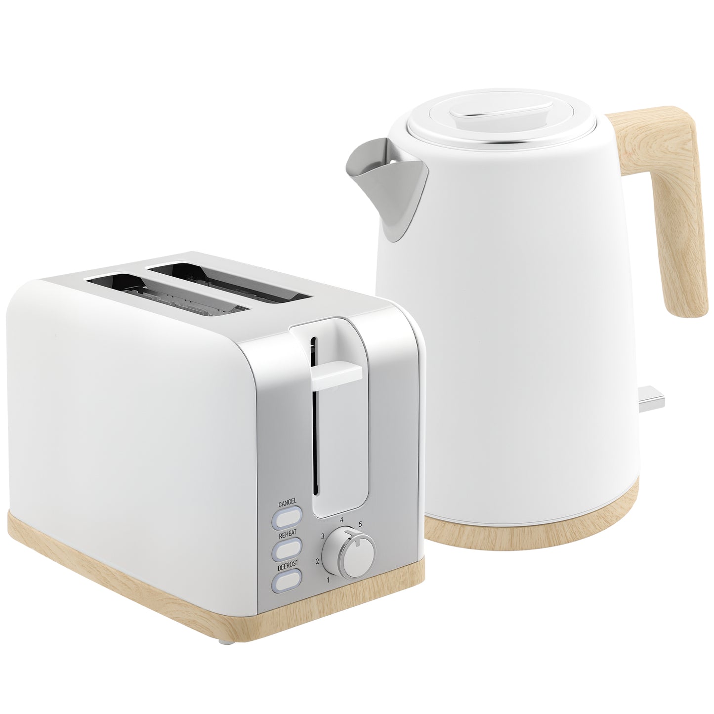 Photo of HOMCOM Stainless Steel Kettle and Toaster Set, 1.7L 3000W Fast Boil Kettle & 2 Slice Toaster Kitchen Set with 7 Level Browning Controls, Defrost, Reheat, Auto Off, Boil-dry Protection, White in White colour on a white background