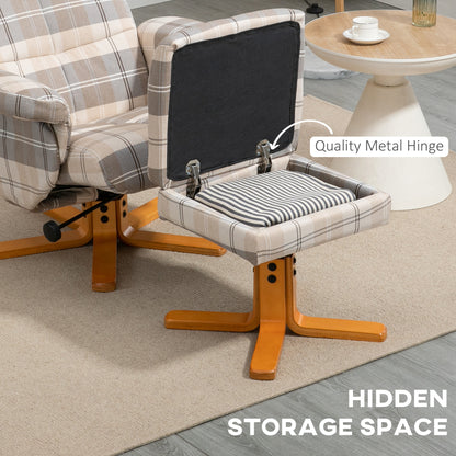 HOMCOM plaid recliner chair with matching footstool, hinged storage compartment and wooden bases