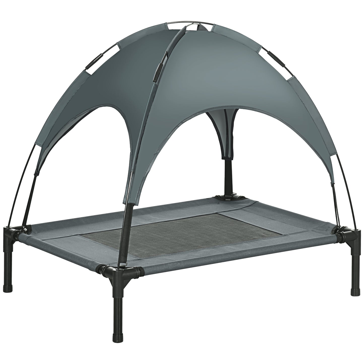 Photo of PawHut Outdoor Dog Bed with Removable Canopy, Portable Raised Dog Bed for Camping, Garden & Beach, Water-Resistant UV-Protection Mesh Pet Cot Sun Lounger, for Medium Pets, 76 x 61 x 73 cm, Grey in Grey colour on a white background