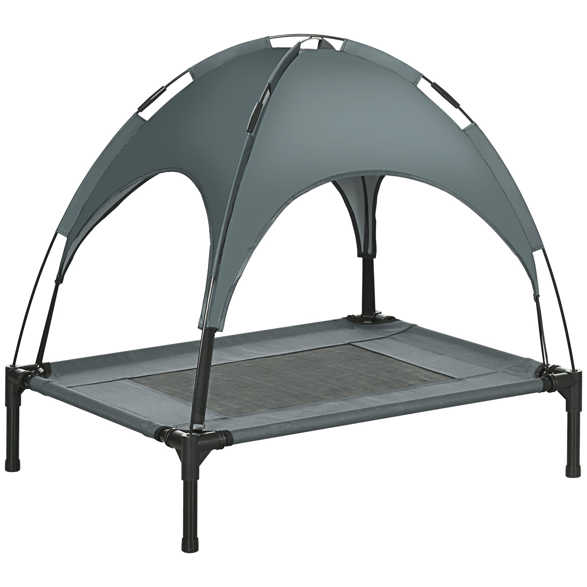 Photo of PawHut Outdoor Dog Bed with Removable Canopy, Portable Raised Dog Bed for Camping, Garden & Beach, Water-Resistant UV-Protection Mesh Pet Cot Sun Lounger, for Medium Pets, 76 x 61 x 73 cm, Grey in Grey colour on a white background