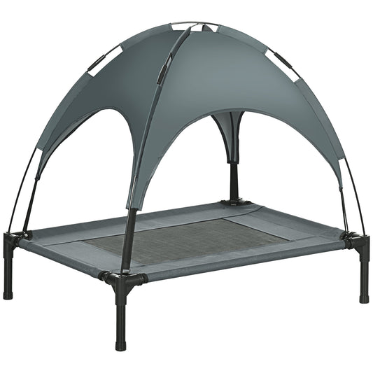 Photo of PawHut Outdoor Dog Bed with Removable Canopy, Portable Raised Dog Bed for Camping, Garden & Beach, Water-Resistant UV-Protection Mesh Pet Cot Sun Lounger, for Medium Pets, 76 x 61 x 73 cm, Grey in Grey colour on a white background