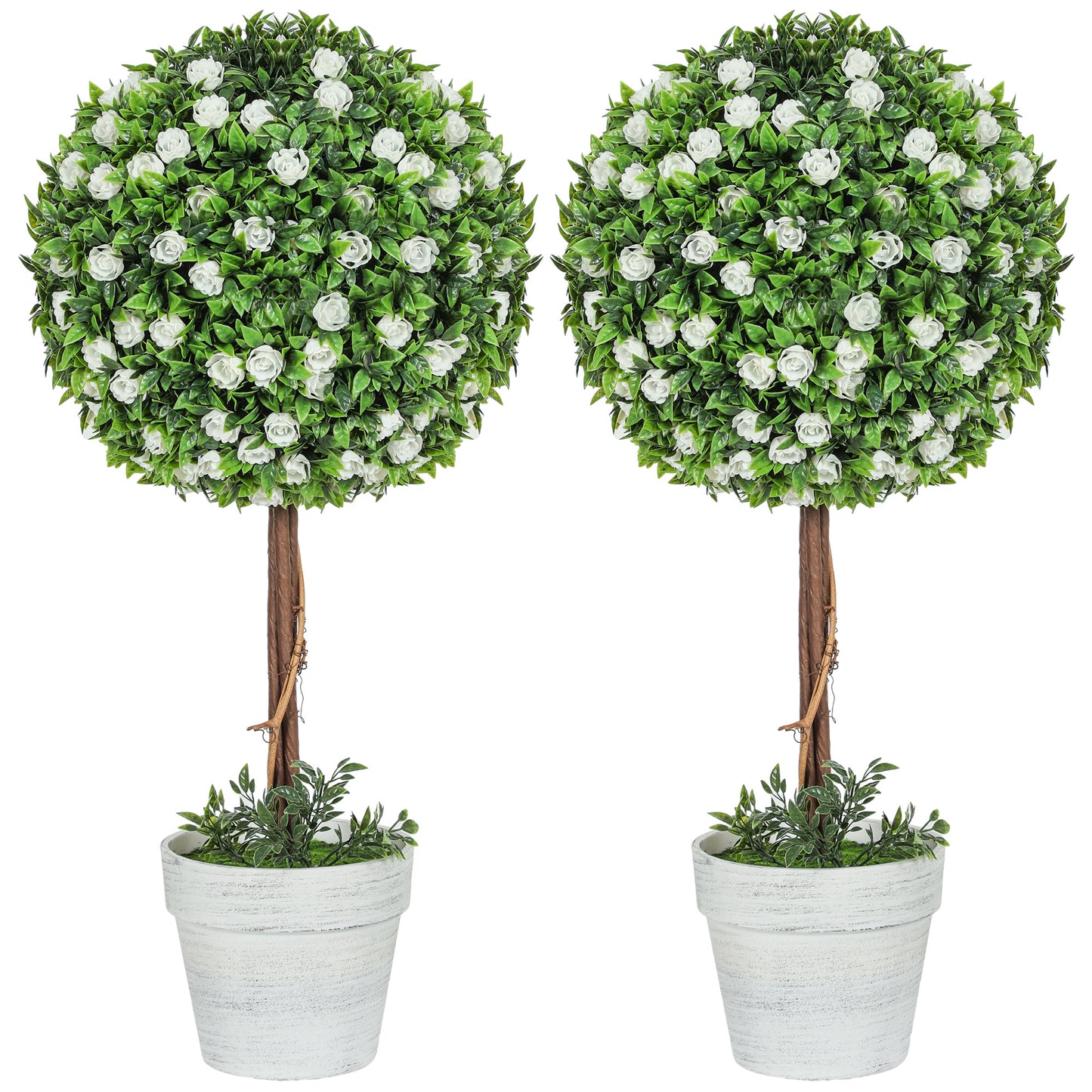 Photo of HOMCOM Set of 2 Decorative Artificial Plants, Ball Topiary Tree with Rose Flower in Pot, Fake Plants for Home Indoor Outdoor Decor, 60cm, White in White colour on a white background