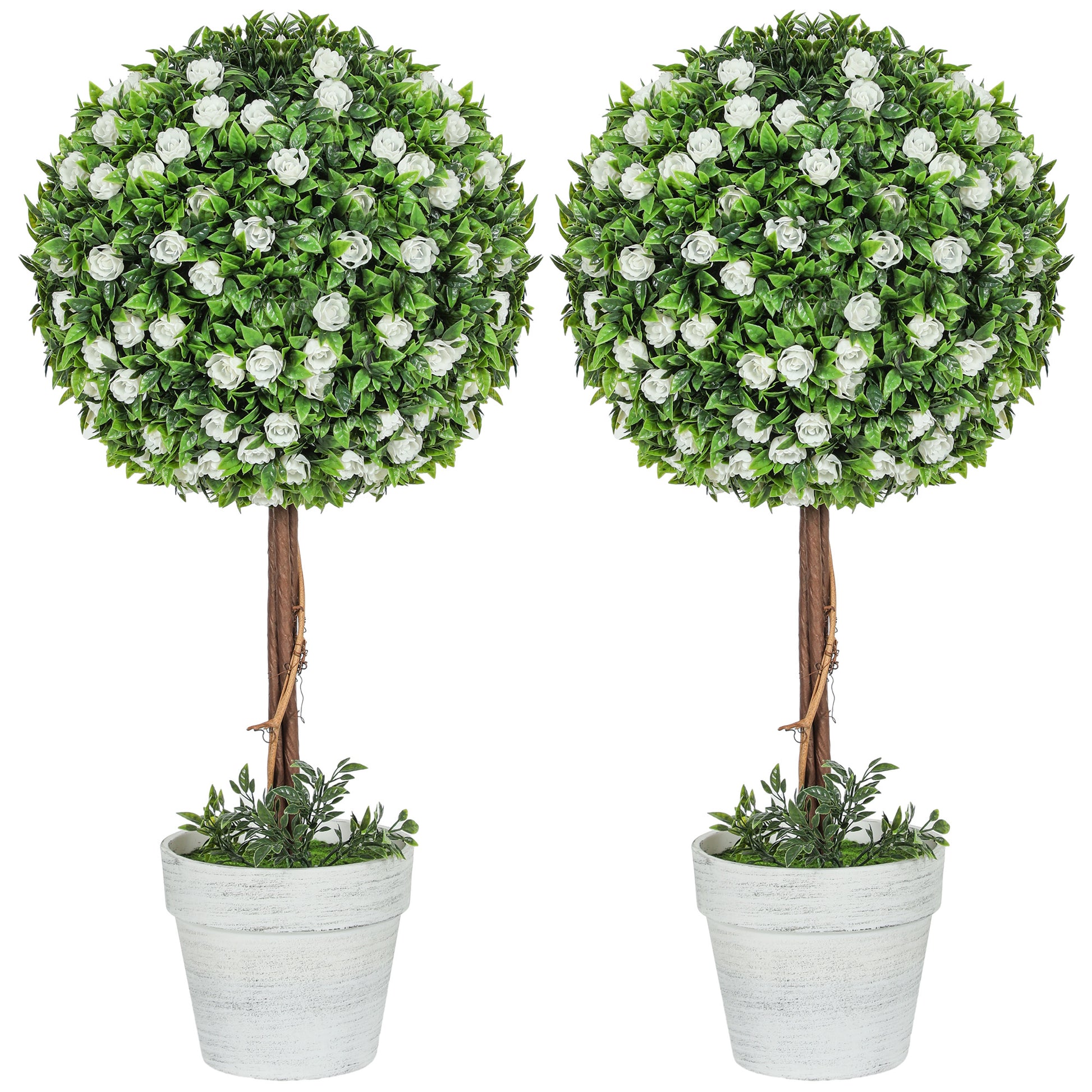 Photo of HOMCOM Set of 2 Decorative Artificial Plants, Ball Topiary Tree with Rose Flower in Pot, Fake Plants for Home Indoor Outdoor Decor, 60cm, White in White colour on a white background