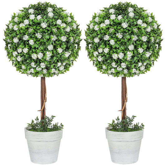 Photo of HOMCOM Set of 2 Decorative Artificial Plants, Ball Topiary Tree with Rose Flower in Pot, Fake Plants for Home Indoor Outdoor Decor, 60cm, White in White colour on a white background