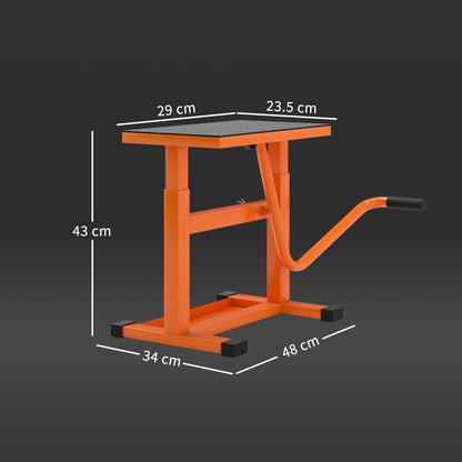 DURHAND orange motorbike lift with crank handle and dimensions marked