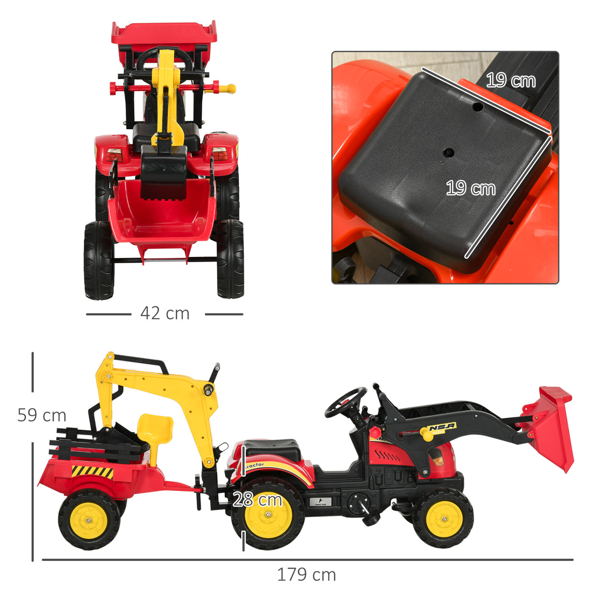 Ride-on excavator tractor with bucket and trailer, shown from front and side with dimensions