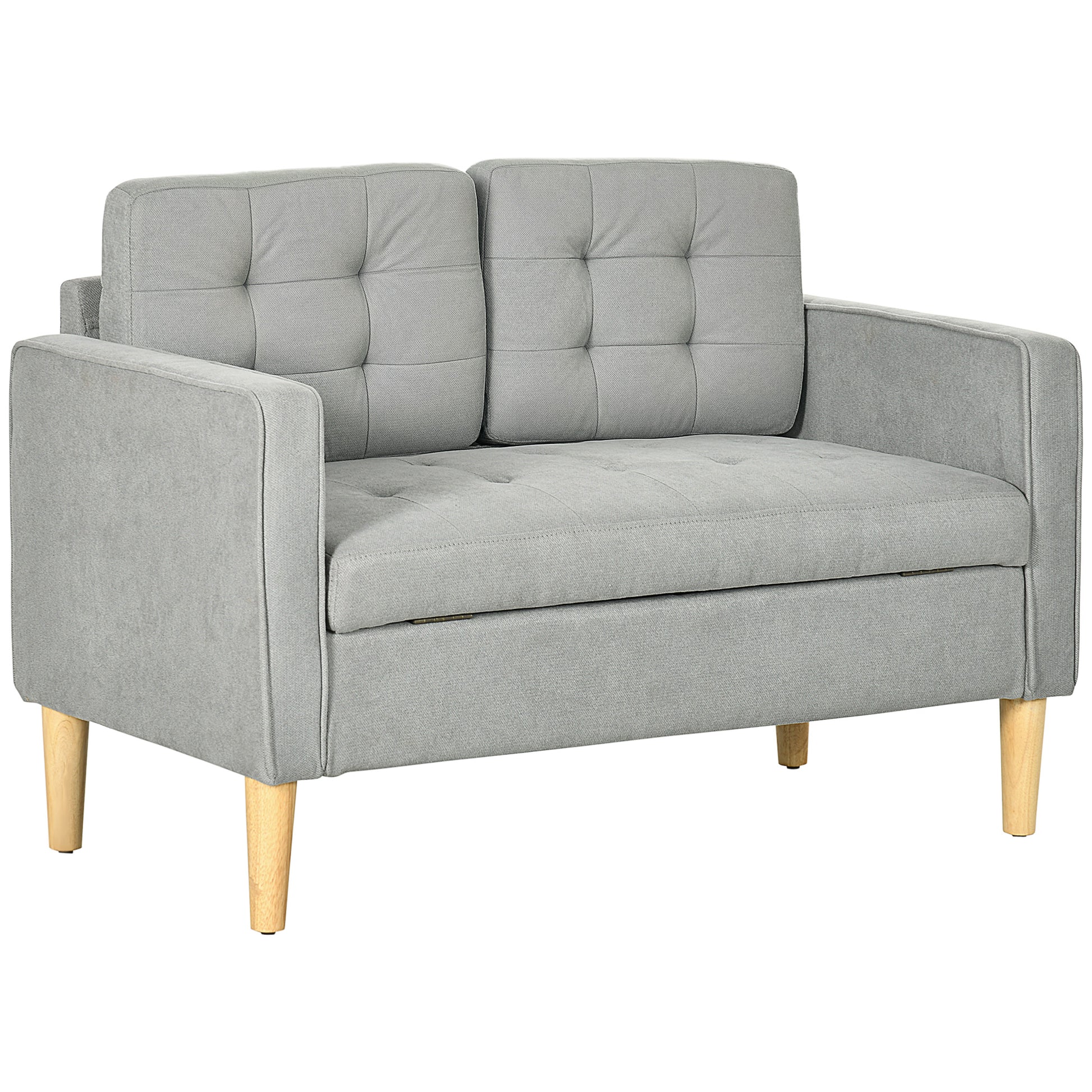 Photo of HOMCOM 2 Seater Storage Sofa, Fabric Couch with Hidden Under Seat Storage, Thick Cushions, Compact Space Saving Settee with Rubberwood Legs for Living Room, Apartment, Light Grey in Grey colour on a white background