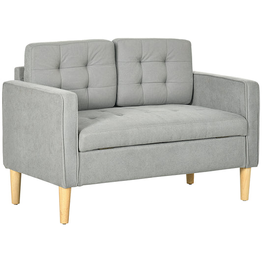 Photo of HOMCOM 2 Seater Storage Sofa, Fabric Couch with Hidden Under Seat Storage, Thick Cushions, Compact Space Saving Settee with Rubberwood Legs for Living Room, Apartment, Light Grey in Grey colour on a white background