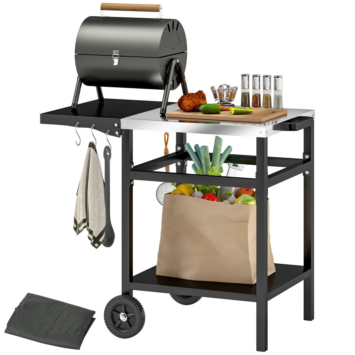 Photo of Outsunny BBQ Trolley with Stainless Steel Top and Foldable Side Table, Outdoor Kitchen Barbecue Station with Hooks and Shelf, Pizza Oven Table Movable Outdoor Grill Dining Cart with Cover, Black in Black colour on a white background