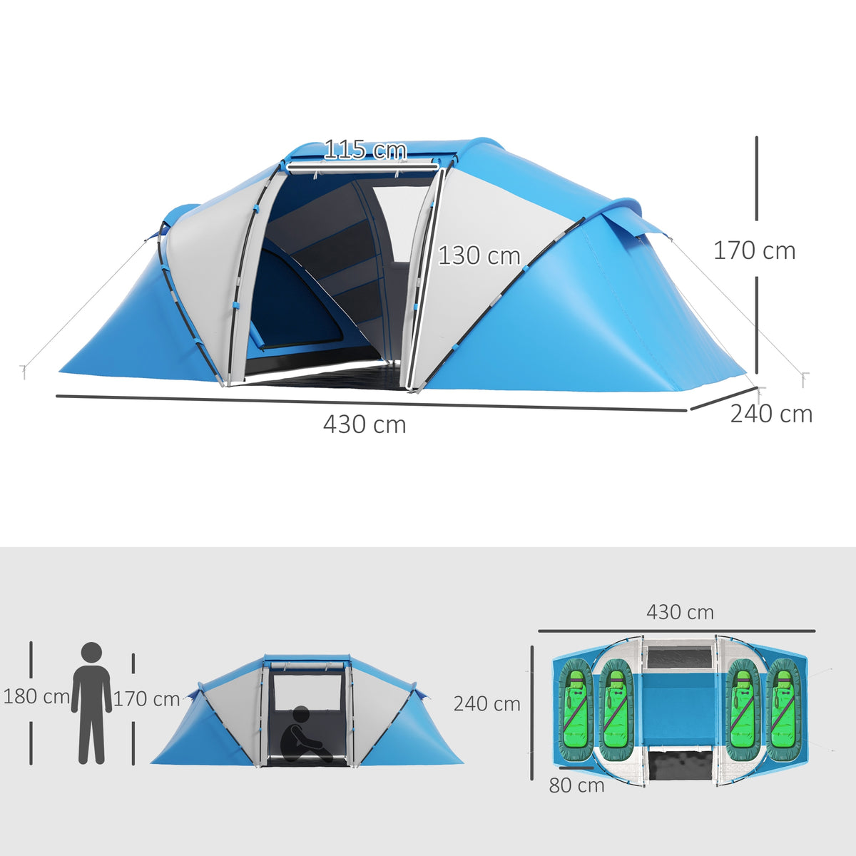 Blue and gray tunnel tent with open entrance and dimensions shown