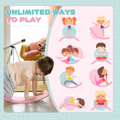Child kneeling on a pink balance board; illustrations show different ways to play.