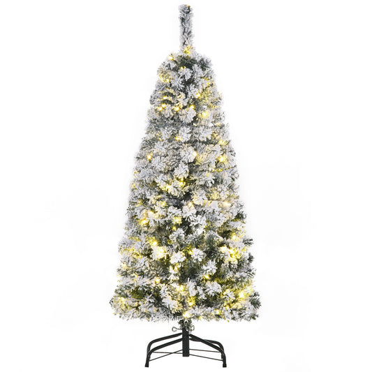 Photo of HOMCOM 4FT Prelit Artificial Snow Flocked Christmas Tree with Warm White LED Light, Holiday Home Xmas Decoration, Green White in White colour on a white background