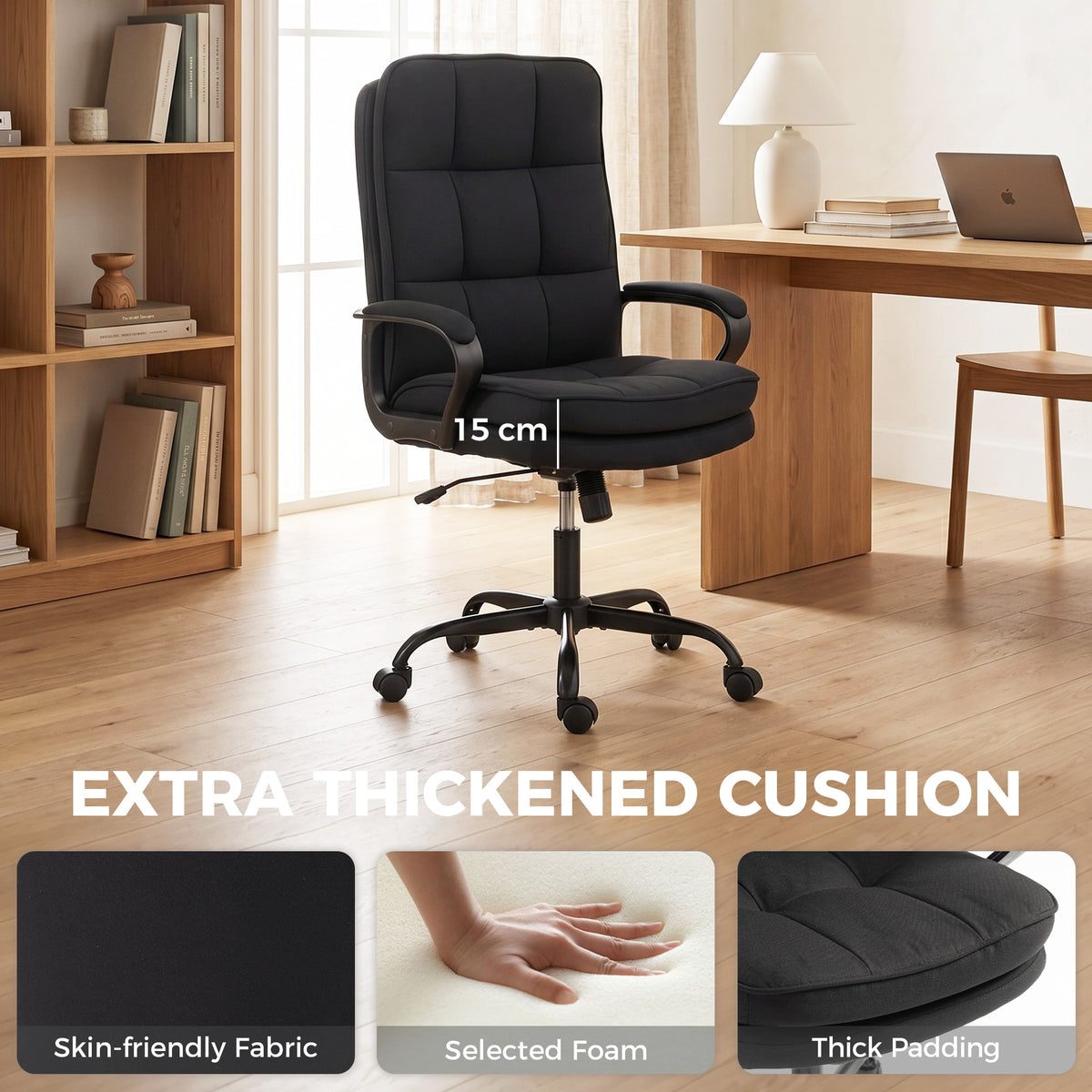 HOMCOM Double Padded Linen-Look Office Chair - Black