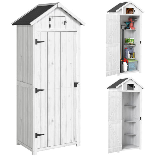 Photo of Outsunny Small Shed, Tall Slim Wooden Garden Shed with 3 Removable Shelves and Roof Hatch, Compact Outdoor Tool Storage Cabinet with Asphalt Roof and Door Latch, 77 x 54.2 x 179 cm, Light Grey in Grey colour on a white background