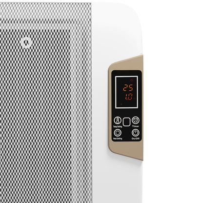 Close-up of white space heater mesh grille and digital control panel