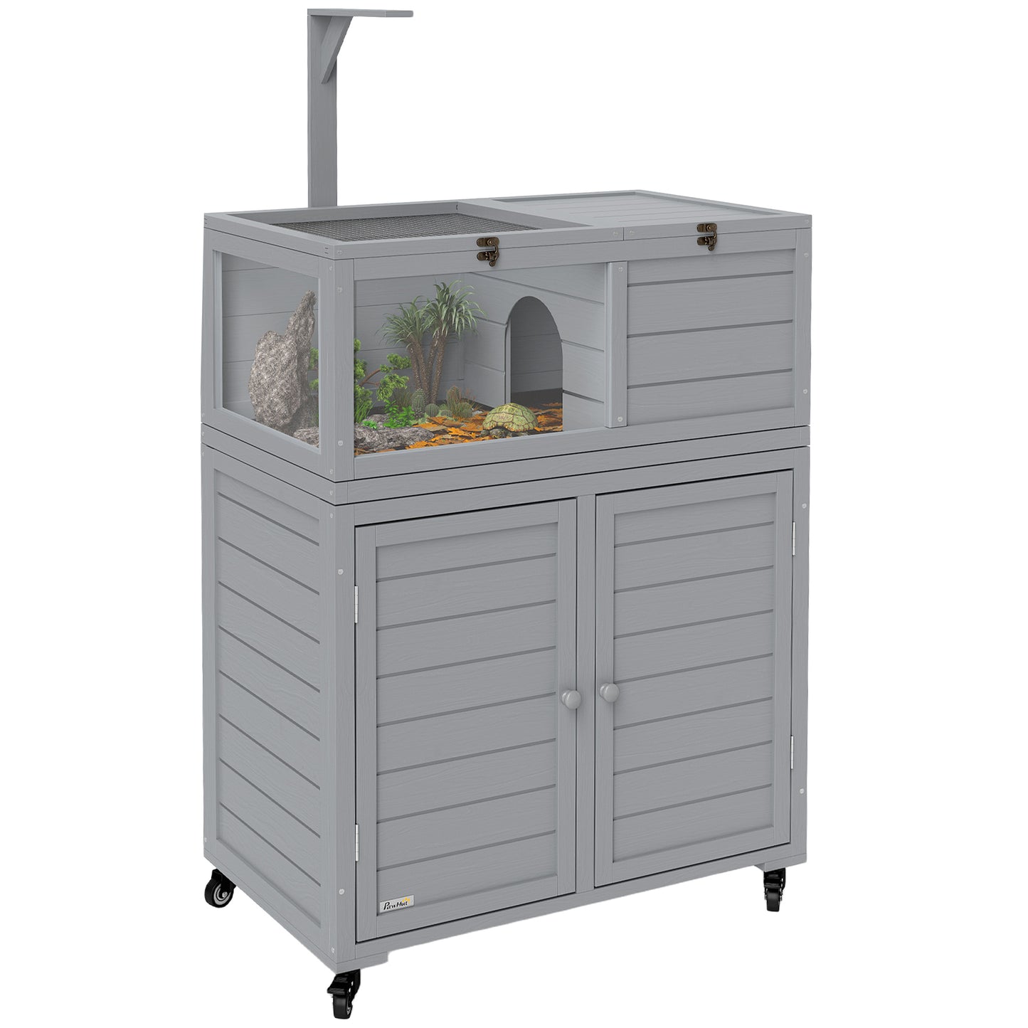 Photo of PawHut Wooden Tortoise House with Storage Cabinet, Openable Top, Lamp Holder, Windows, Light Grey in Grey colour on a white background