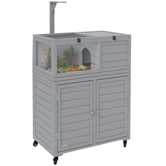Photo of PawHut Wooden Tortoise House with Storage Cabinet, Openable Top, Lamp Holder, Windows, Light Grey in Grey colour on a white background